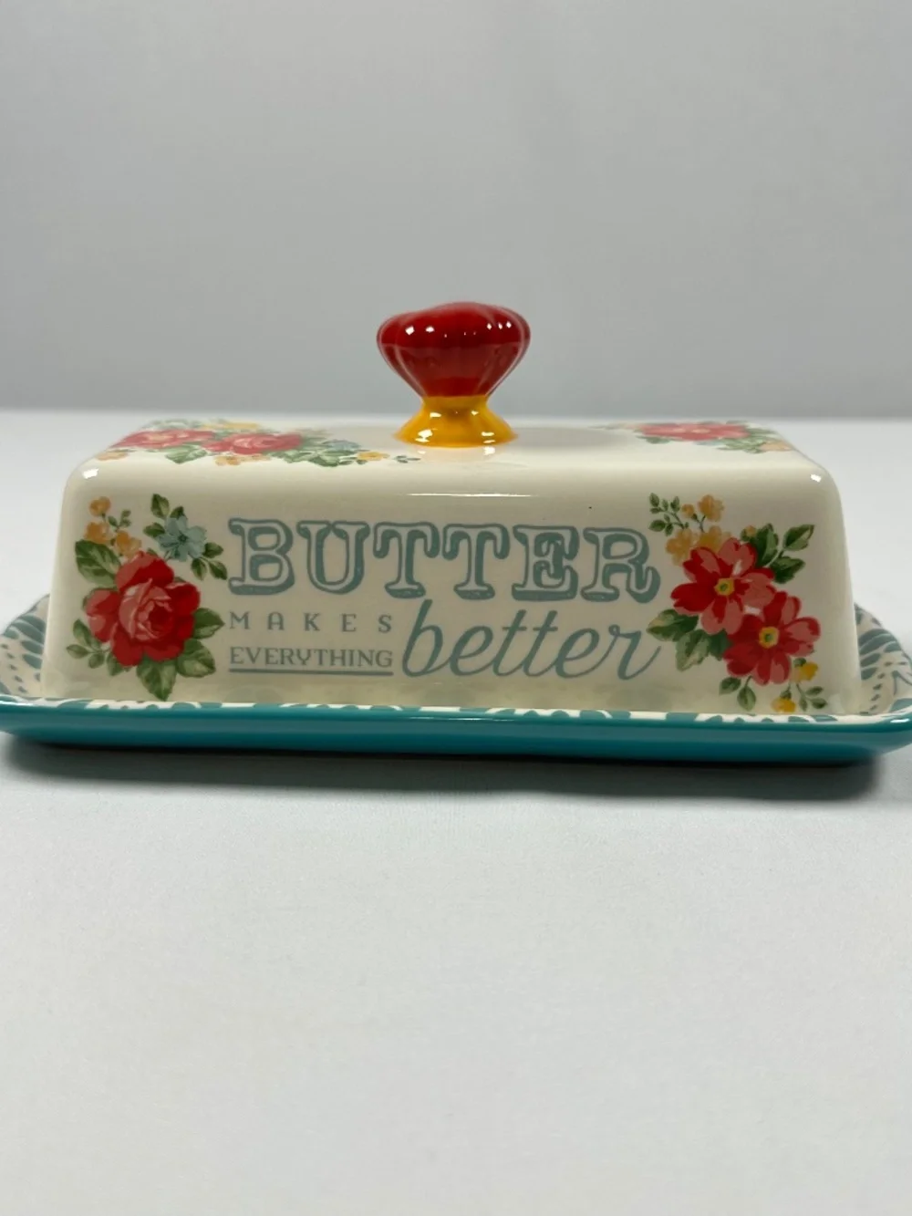 The Pioneer Woman Vintage Floral Butter Dish Stoneware Ceramic Red Teal Yellow